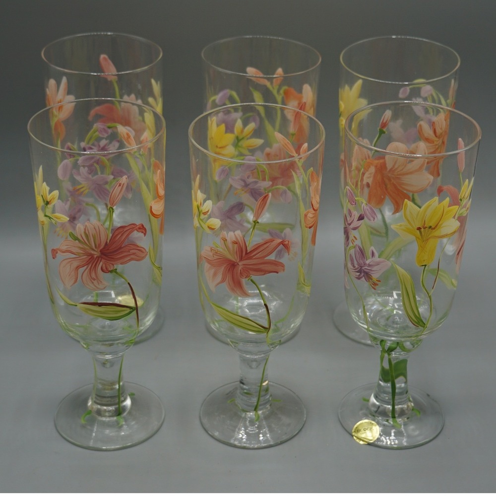 Block Crystal Tropical Lilies 6 Hand Painted Balloon Wine Goblets 9" Signed